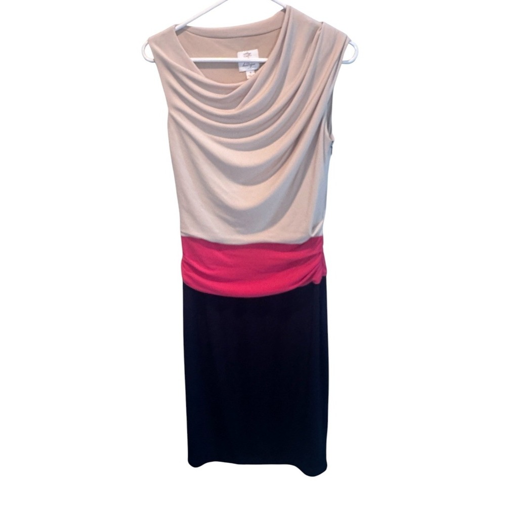 Suzi Chin Womens Tan Pink Black Draped Cowl Neck Colorblock Sheath Dress 4